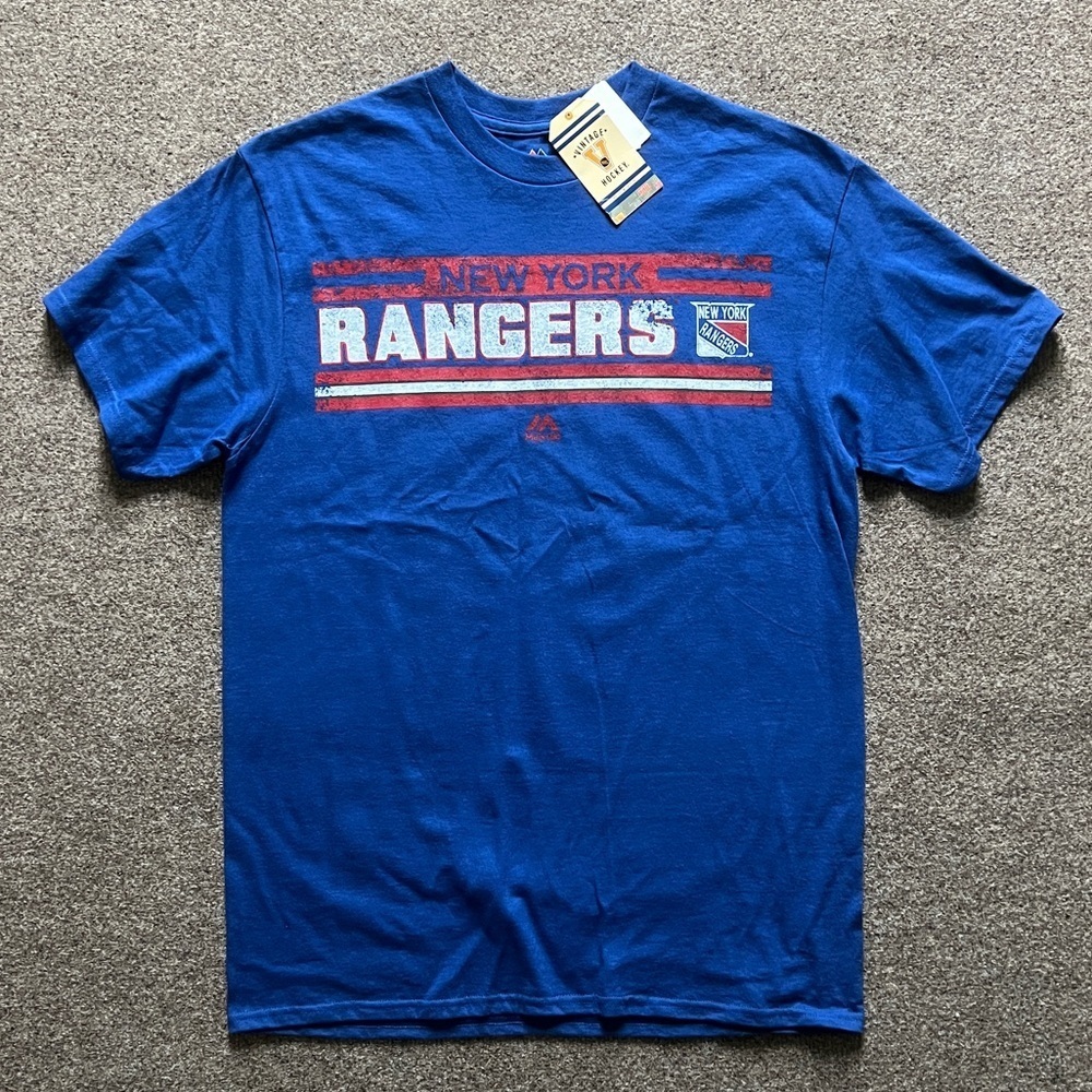 New York Rangers Stanley Cup Champion NHL Majestic Blue T-Shirt Men Size Medium - Picture 1 of 11